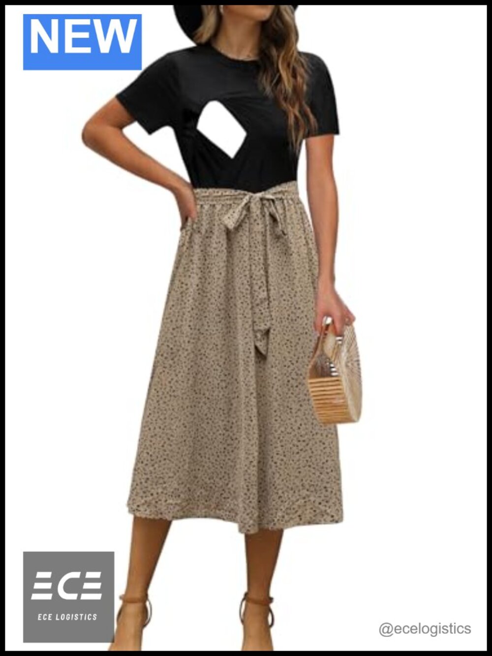Nursing Maternity Dress Floral Patchwork Ribbed Tie Waist A-Line Midi
